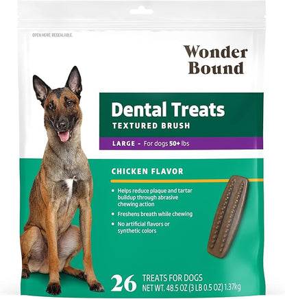 Amazon Brand - Wonder Bound Dog Dental Treats for Large Dogs (Over 50 lbs), Real Chicken Flavor, Nubbed Texture for Plaque & Tartar Control, Freshens Breath While Chewing, 26 Count (Pack of 1)