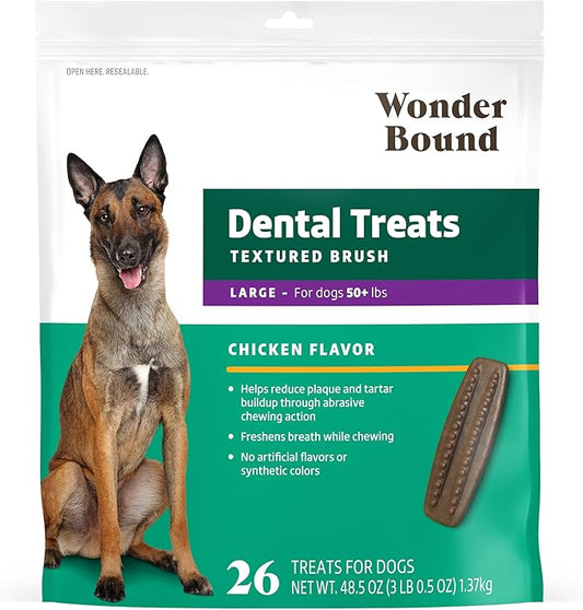 Amazon Brand - Wonder Bound Dog Dental Treats for Large Dogs (Over 50 lbs), Real Chicken Flavor, Nubbed Texture for Plaque & Tartar Control, Freshens Breath While Chewing, 26 Count (Pack of 1)