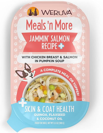 Weruva Meals 'n More Natural Wet Dog Food, Jammin' Salmon Plus Skin & Coat Health, 3.5oz Cup (Pack of 12)