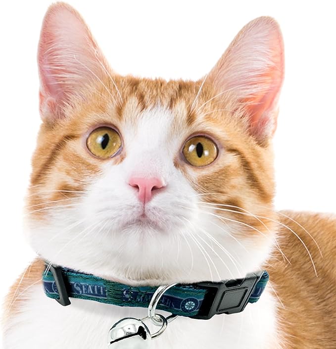 MLB CAT Collar Seattle Mariners Satin Cat Collar Baseball Team Collar for Dogs & Cats. A Shiny & Colorful Cat Collar with Ringing Bell Pendant