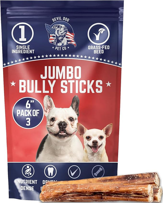 Devil Dog Pet Co. Jumbo Bully Sticks – 6 Inch 3 Pack Chew Treats, 100% All Natural, Free-Range Grass-Fed Beef – Long Lasting & Rawhide Free Bully Stick Dog Chews – Bully Sticks for Dogs