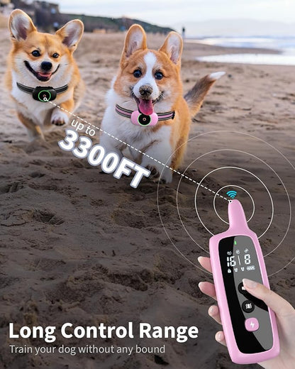 Dog Shock Collar for 2 Dogs, Dog Training Collar with Remote for Large Medium Small Dogs, Rechargeable E-Collar Waterproof Collars with 3 Training Modes, Range up to 3300Ft-Pink