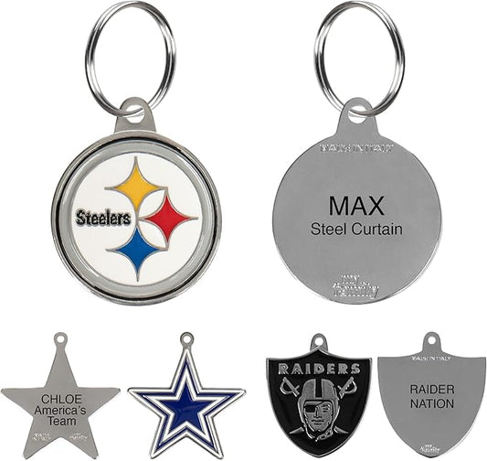 NFL Pittsburgh Steelers Engraving Pet ID Tags in 32 Team Logo Shapes Personalized Dog Tags and Cat Tags with 3 Lines of Customizable Text for Tracking & Safety. Stainless Steel Pet ID Tracking Tags