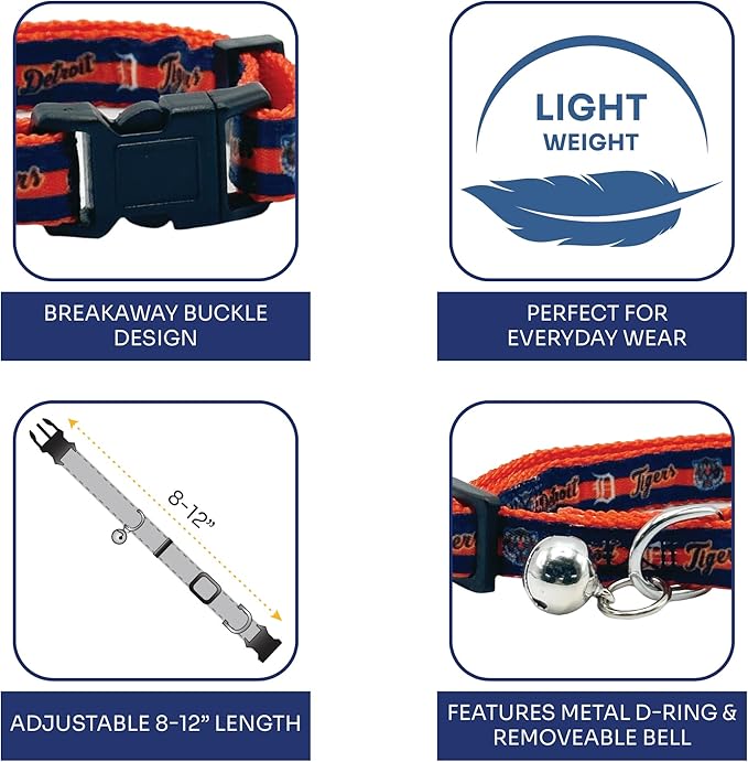 MLB CAT Collar Detroit Tigers Satin Cat Collar Baseball Team Collar for Dogs & Cats. A Shiny & Colorful Cat Collar with Ringing Bell Pendant