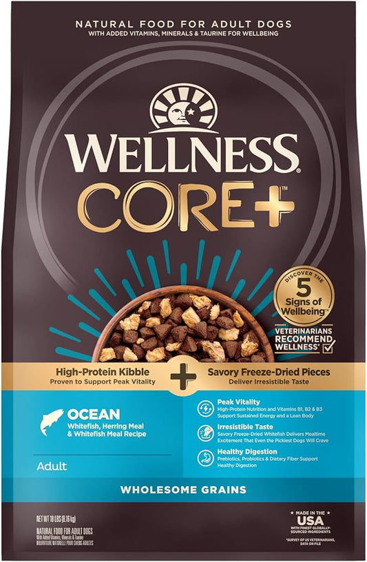 Wellness CORE+ Grained Dry Dog Food, Ocean Recipe with Freeze Dried Whitefish, 18 Pound Bag