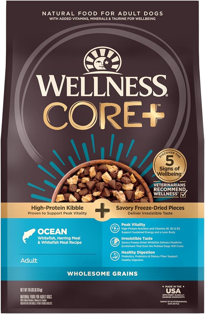 Wellness CORE+ Grained Dry Dog Food, Ocean Recipe with Freeze Dried Whitefish, 18 Pound Bag