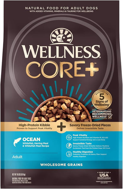 Wellness CORE+ Grained Dry Dog Food, Ocean Recipe with Freeze Dried Whitefish, 18 Pound Bag