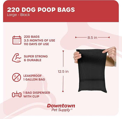 Downtown Pet Supply 220 Count Dog Poop Bags Refills with Leash Clip and Bone Bag Dispenser, Black - Dog Waste Bags Unscented and Leak-Proof with Dog Poop Bag Dispenser - 12.5 x 8.5"