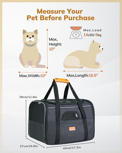 Morpilot Cat Carrier Soft - Portable Pet Carrier for Small or Medium Cats, Dogs and Puppy up to 14lbs, Airline Approved Dog Carrier with Safety Buckle and Foldable Bowl - 17 x 11 x 12 Inch (Dark Gray)