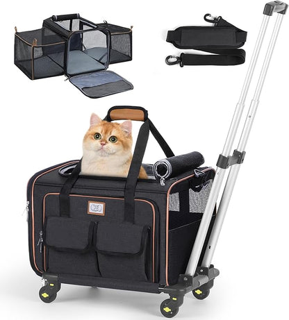 Lekereise Airline Approved Cat Dog Carrier with Wheels Expandable Rolling Pet Carrier for Medium Dogs and Cats Under 15 25LBS, Pet Travel Carrier on Wheels, Black
