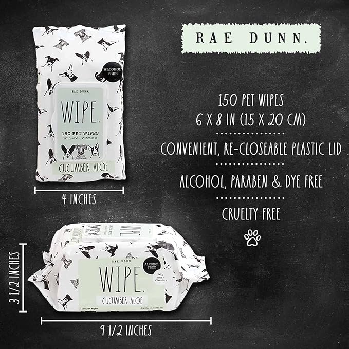 Rae Dunn Pet Wipes, Alcohol Free with Aloe and Vitamin E, Cucumber Aloe, 150 Count