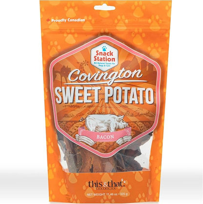Covington Sweet Potato - Bacon - 11.46 oz, Dehydrated Dog Treats, Vitamin Rich All Natural Chew, This & That Canine Co