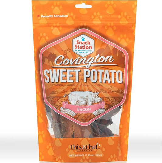 Covington Sweet Potato - Bacon - 11.46 oz, Dehydrated Dog Treats, Vitamin Rich All Natural Chew, This & That Canine Co