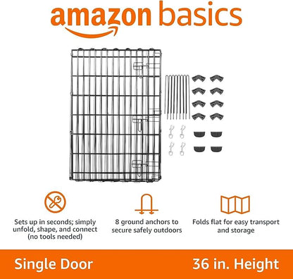 Amazon Basics Foldable Octagonal Metal Exercise Pet Play Pen for Dogs, Fence Pen, Single Door, 60 x 60 x 36 Inches, Medium - 36"H, Metal, Black