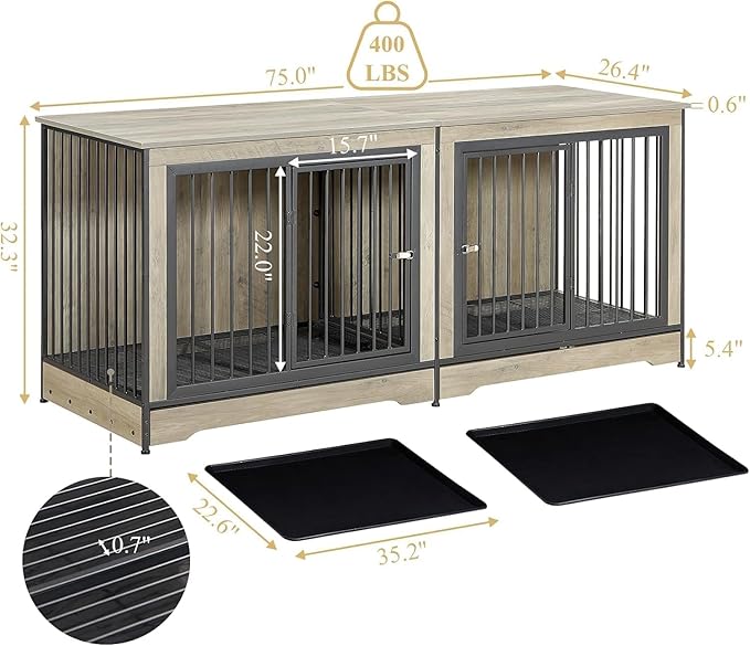 75'' Double Dog Crate Furniture for 2 Large Dogs, Heavy Duty Dog Crate, Furniture Style Dog Crate End Table, Wood Crates for Dogs Kennel Indoor, Decorative Dog Crate with Double Door, Grey