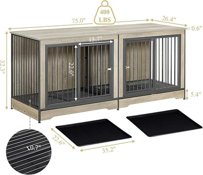 75'' Double Dog Crate Furniture for 2 Large Dogs, Heavy Duty Dog Crate, Furniture Style Dog Crate End Table, Wood Crates for Dogs Kennel Indoor, Decorative Dog Crate with Double Door, Grey