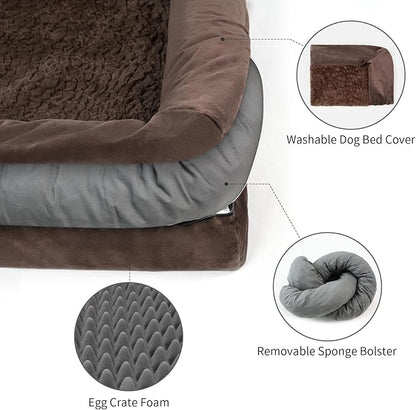 Large Dog Bed, Brown Orthopedic Dog Bed, Waterproof Dog Bed with Removable Cover, 4-Sides Removable Bolster Dog Soft Sofa Bed with Nonskid Bottom, Washable Dog Beds for Large Dogs