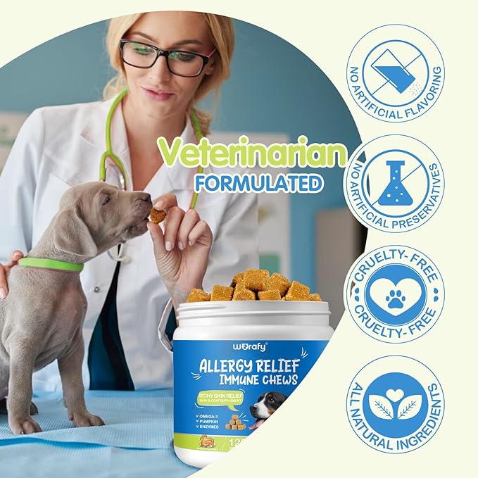 Dog Allergy Relief Chews (120 Count), Dog Allergy Chews, Itch Relief for Dogs, Omega 3 Fish Oil + Pumpkin Enzymes + DHA for Dogs, Anti Hot Spots + Seasonal Allergies, Skin & Coat Immune Health