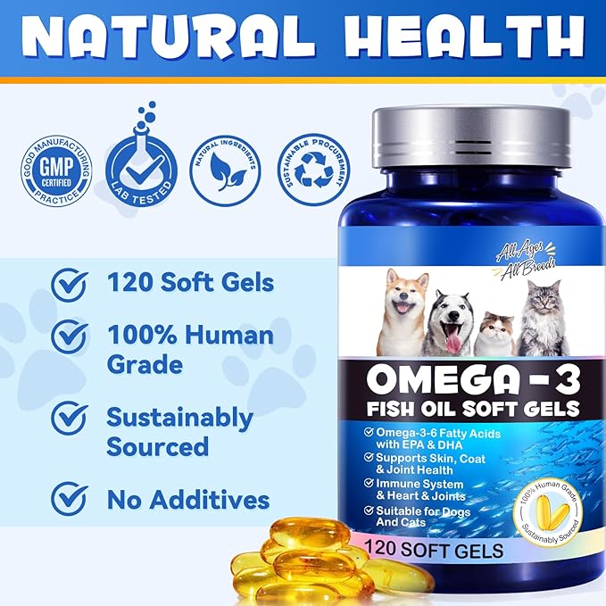 Omega 3 Fish Oil for Dogs, 100% Pure Pet Fish Oil Supplement for Dogs & Cats with DHA & EPA Fatty Acids Skin & Shiny Coat, Fish Oil for Dogs Shedding Allergy, Itch, Dry Skin, Joints -120 Capsules