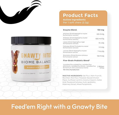 Gnawty Bites Biome Balance | Dog Digestive Support, 120 Soft Chews for Intestinal Balance Support | Dog Probiotics with Amylase, Protease, Lipase, and Lactobacillus | Probiotics for Dogs | (264 G)