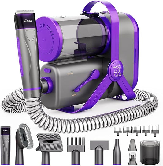 XiaZ Dog Grooming Vacuum Dryer with Clippers, 15 Kpa Dog Grooming Kit with Nail Grinder and Paw Trimmer, Hair Vacuum Groomer for Shedding Blowing Trimming Pet's Hair, 10 Pet Grooming Tools, Low-Noise