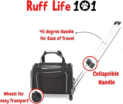 Airline Approved Expandable Premium Pet Carrier on Wheels- Two Sided Rolling Carrier- Designed for Dogs & Cats- Extra Spacious Soft Lined Carrier! (Black) (RL-PET-CARRIER-WHEELS)