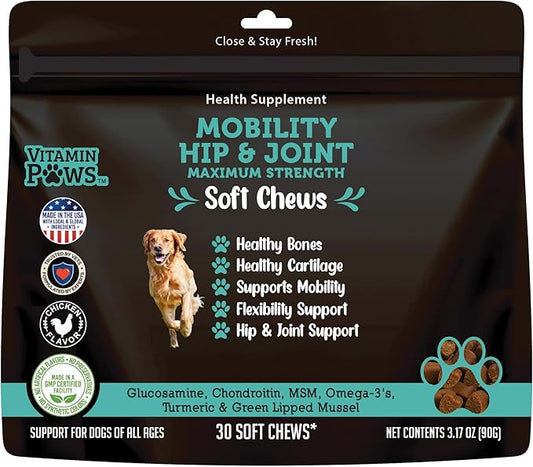 Mobility Hip and Joint Chews for Dogs Maximum Strength | Joints Health Supplement with Glucosamine, Chondroitin, MSM, Turmeric, Green Lipped Mussels, Wild Alaskan Salmon Oil, Omega 3