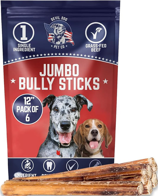 Devil Dog Pet Co. Jumbo Bully Sticks – 12 Inch 6 Pack Chew Treats, 100% All Natural, Free-Range Grass-Fed Beef – Long Lasting & Rawhide Free Bully Stick Dog Chews – Bully Sticks for Dogs