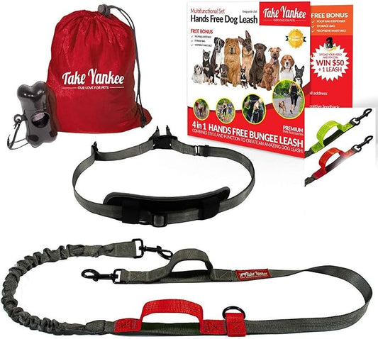 Hands Free Bungee Leash + Dual Dog Leash Coupler Kit Multifunctional + Retractable Traffic Jogging Hiking Leash & Reflective Pet Leash • Adjustable Body System + Padded Handles • Take Yankee