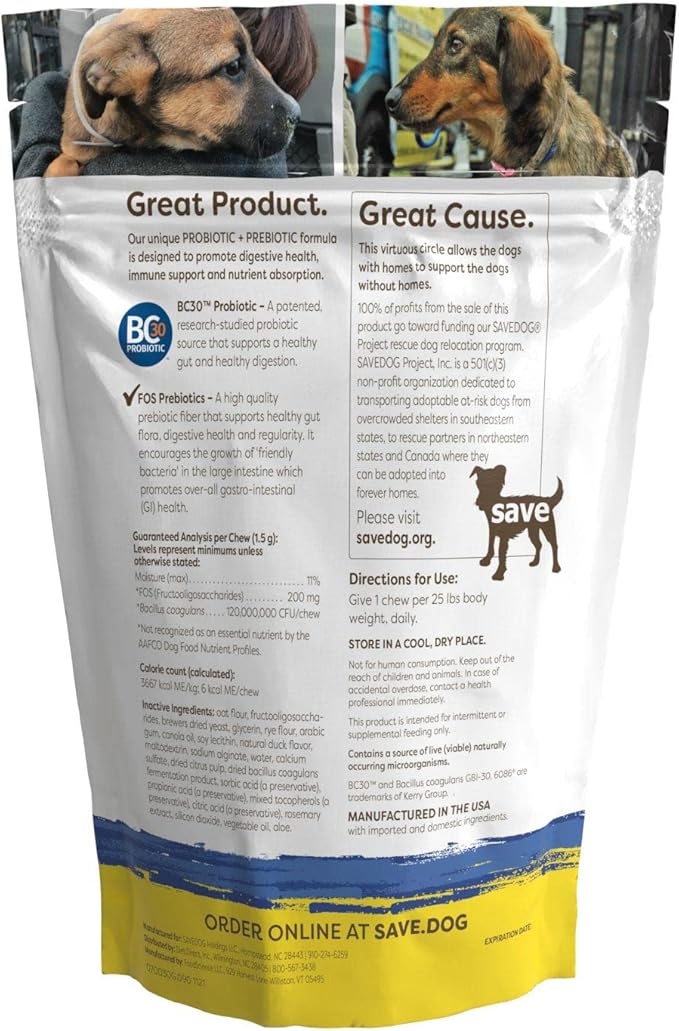 Probiotics for Dogs – Dog Probiotic Chews for Dogs with Clinically-Studied BC30 Probiotic + Prebiotic for Digestive & Immune Health - Dog Supplement with a Cause (90 Chews)
