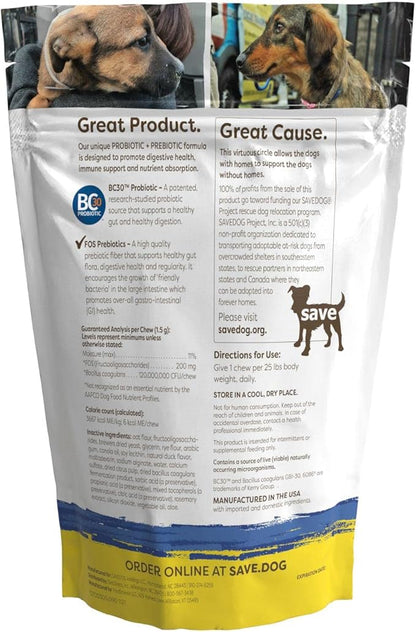 Probiotics for Dogs – Dog Probiotic Chews for Dogs with Clinically-Studied BC30 Probiotic + Prebiotic for Digestive & Immune Health - Dog Supplement with a Cause (90 Chews)