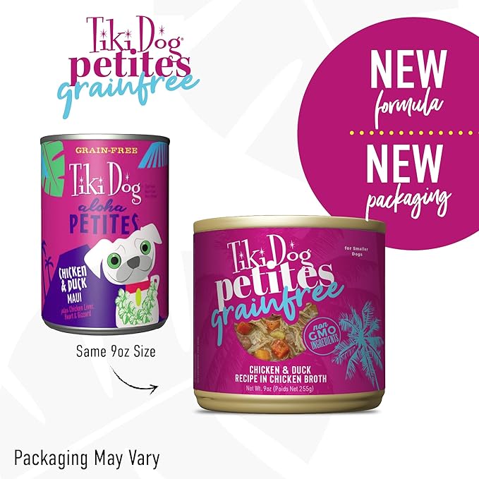 Tiki Dog Petites Grain Free Wet Dog Food, Chicken & Duck, Nutrient Dense Meat, for All Ages and Breeds, 9 oz Can, Pack of 8