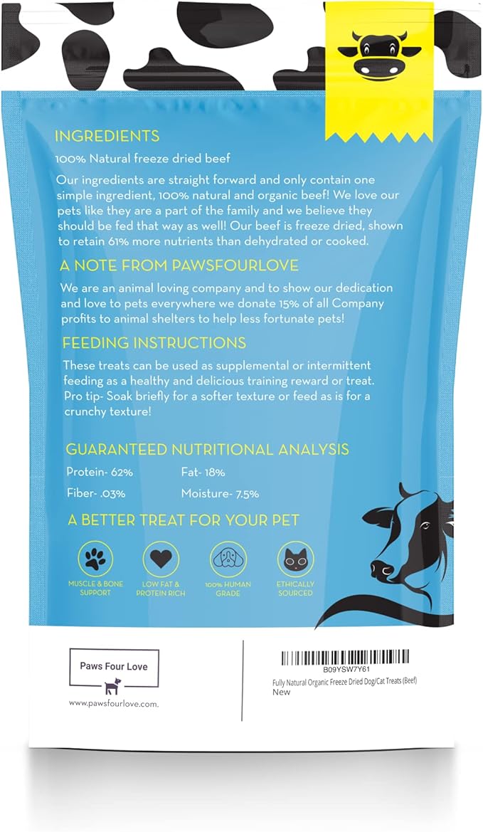Fully Natural Organic Freeze Dried Dog/Cat Treats Food Toppers Single Ingredient, USA Made, Healthy, High Value, Gluten Grain Free, High Protein, Diabetic Friendly (1, Beef)