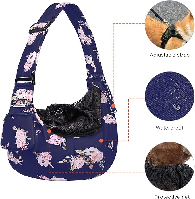 MOSISO Dog Cat Sling Carrier, Pet Dog Carrier Camellia Tote Bag Hands Free Adjustable Padded Strap Breathable Polyester Soft Carrying Travel Shoulder Bag with Front Pocket for Small Dog Cat, Blue