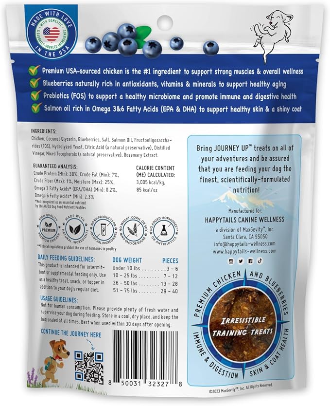 Journey Up Berry Glow Up, Chicken and Blueberry Dog Jerky Treats Made in USA with Prebiotics for Gut & Immune, Omega 3s & 6s for Skin & Coat, Antioxidants for Healthy Aging, Small-Large Dog, 12 oz.