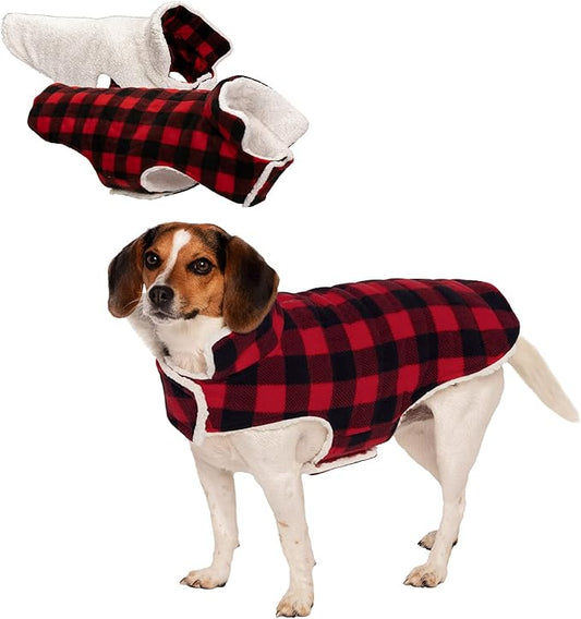 Furhaven Reversible Small Dog Coat, Washable & Insulating w/ Leash Access - Sherpa & Plaid Fleece Flex-Fit Jacket - Cream/Red, Small