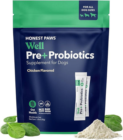 Honest Paws Probiotics for Dogs - Dog Digestion Gut Health Probiotic Powder with Prebiotic Made in The USA, Digestive and Immune Support - Digestive Enzymes with Chicken Flavor (30 Sticks)