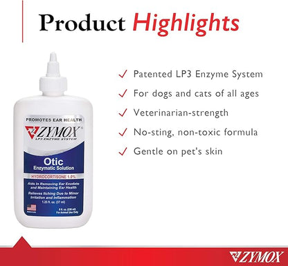 Zymox Otic Enzymatic Solution for Dogs and Cats to Soothe Ear Infections with 1% Hydrocortisone for Itch Relief, 8oz