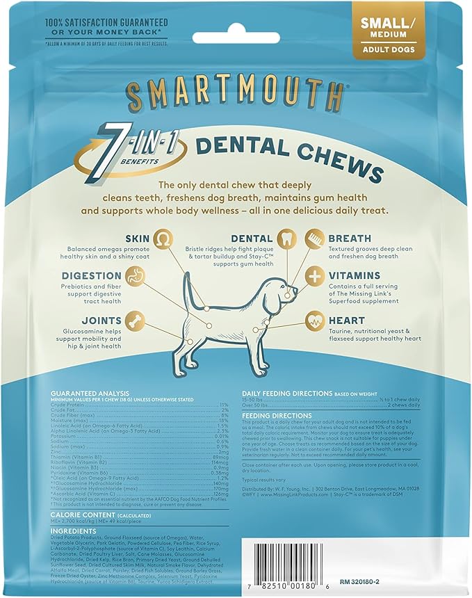 The Missing Link Smartmouth Vet Developed Dental Chew Treats, 7-in-1 Benefits: Healthy Teeth & Gums, Breath, Skin, Joints, Digestion, Heart, Immune System – Small/Medium 15-50lb Dogs, 28 Ct