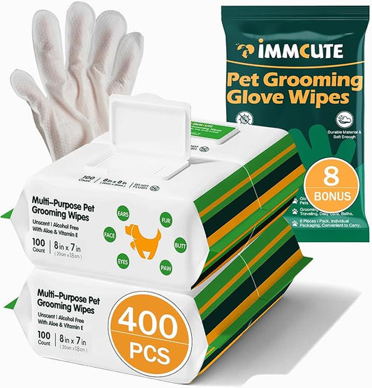 400 Unscented Extra Thick Dog Wipes for Paws and Butt Puppy Wipes for Dogs Face and Body Dog Wipes Cleaning Deodorizing Cat Wipes Cleaning Fur and Butt Doggie Wipes Doggy Wipes 8 Glove Wipes Included
