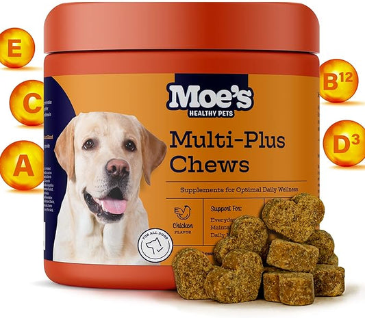 Moe’s 5-in-1 Essential Dog Multivitamin -Supports Dog's Heart, Immunity, Skin, Coat, & Overall Health- Vitamins A, B12, C, D, E, Antioxidants, Omega 3- for All Ages & Breeds- 90 Chicken Flavored Chews