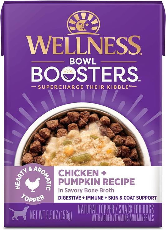 Wellness Bowl Boosters Hearty Toppers, Chicken & Pumpkin Recipe in Savory Bone Broth Dog Food Toppers, 5.5 Ounce Pouch (Pack of 12)