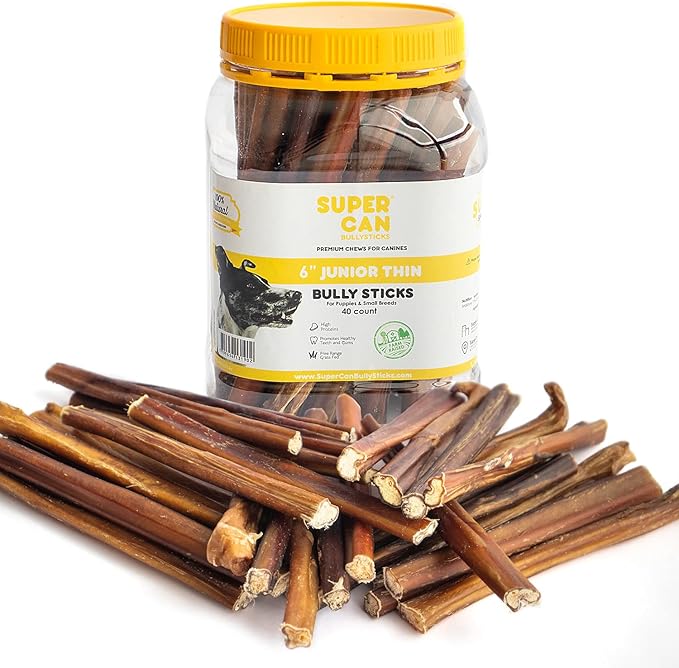 Supercan Bully Sticks for Dogs 6" (40 Count) -100% Natural Farm Raised Beef Dog Chews. Free Range Grass Fed Non-GMO Treats for Dogs