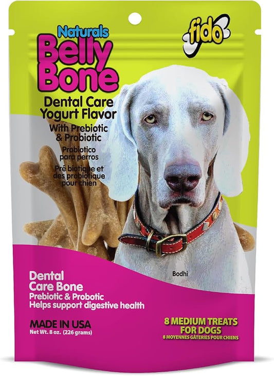 Belly Bones for Dogs, 8 Yogurt Flavor Medium Dog Dental Treats (Made in USA) - 8 Count Dog Treats for Medium Dogs - Plaque and Tartar Control for Fresh Breath, Digestive Health Support
