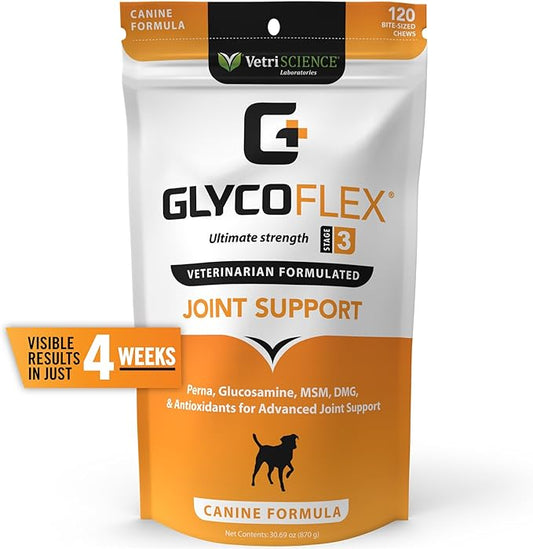 VetriScience Glycoflex 3 Clinically Proven Hip and Joint Supplement for Dogs - Maximum Strength Dog Supplement with Glucosamine, MSM, Green Lipped Mussel & DMG - 120 Chews, Chicken Flavor