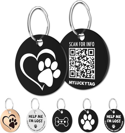MYLUCKYTAG Stainless Steel QR Code Pet ID Tags Dog Tags - Pet Online Profile - Scan QR Receive Instant Pet Location Alert Email