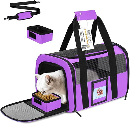 Cat Carrier, Dog Carrier, Pet Carrier Airline Approved for Cat, Small Dogs, Kitten, Cat Carriers for Small Medium Cats Under 15lb, Collapsible Soft Sided TSA Approved Cat Travel Carrier-Purple