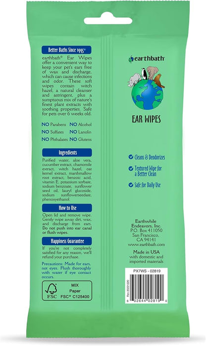 earthbath, Dog Ear Wipes - Gentle Dog Ear Cleaner, Best Pet Wipes for Dogs & Cats, Made in USA, Cruelty-Free Dog Wipes, Keep Your Pet's Ears Naturally Clear & Infection Free - 25 Count (1 Pack)