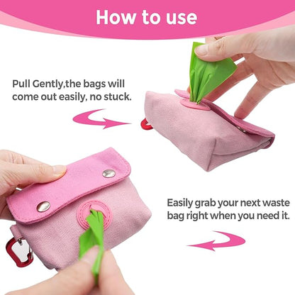 Dog Poop Bag Holder, Portable Dog Poop Bag Dispenser with 1 Metal Clip, Pink Button Canvas Poop Pag Polders for Leashes