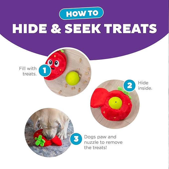 Outward Hound Nina Ottosson Fruity Findz Interactive Plush Dog Puzzle with Treat Ball Dog Enrichment Toys, Plush, Red